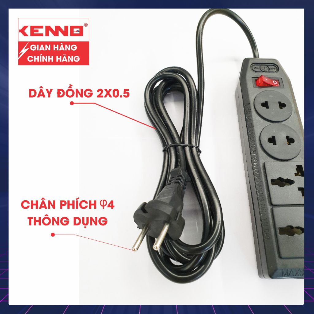 Ổ Cắm Điện Đa năng Chịu Tải 4A3-4A5 Qled/Kenno 2200W 4 Lỗ Cắm Có Công Tắc