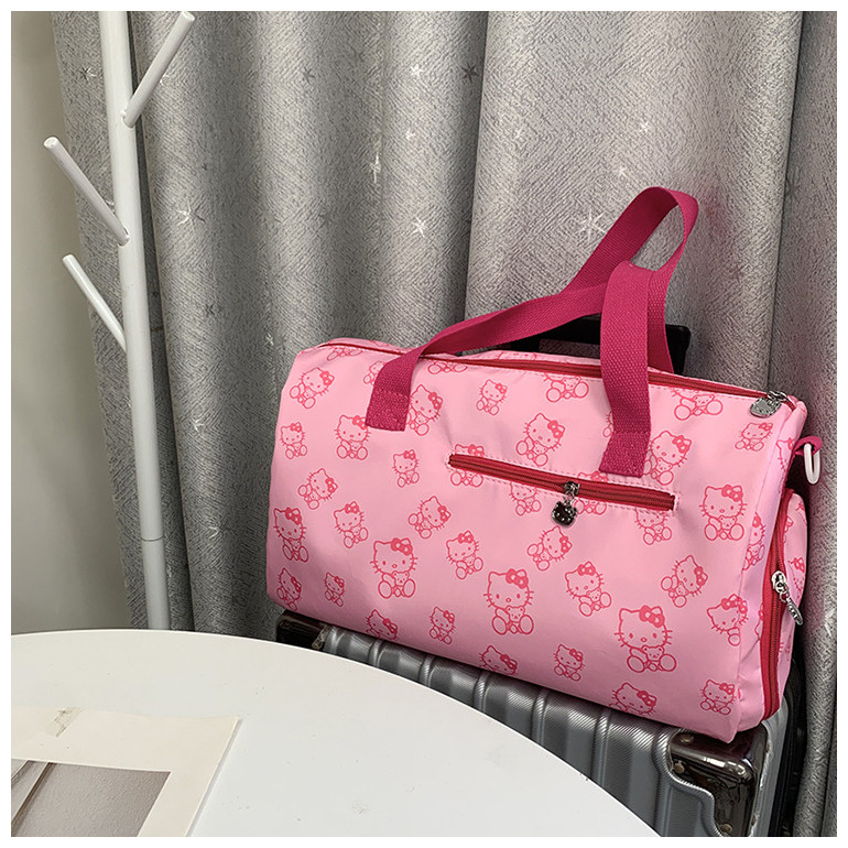 Túi hành lý du lịch Hellokitty Túi tập thể dục sinh viên Túi lưu trữ cầm tay Ánh sáng Dung tích lớn có thể được đặt trên vỏ xe đẩy