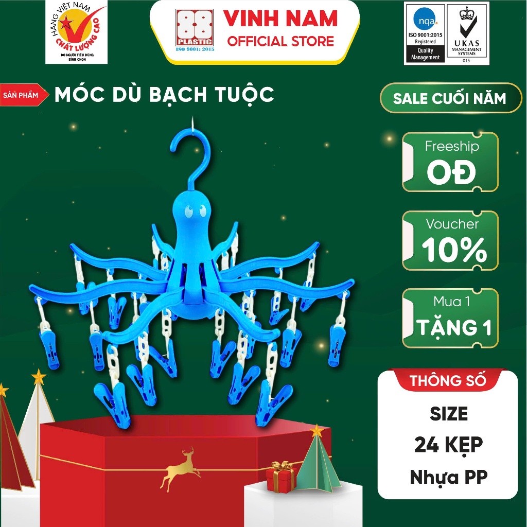 Móc Áo Bạch Tuột 24 Kẹp Vinh Nam Plastic Kiểu Dáng Dễ Thương Thiết Kế Dạng Dù Tiện Lợi Mã 300