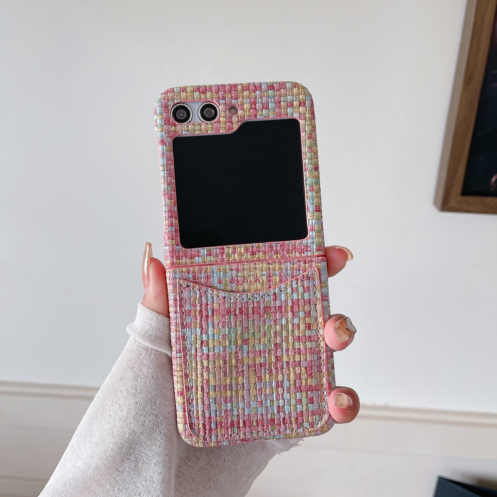 Ốp Điện Thoại Da Họa Tiết Dệt Cho Samsung Galaxy Z Flip 5 4 6 Flip5 Flip4 Flip6 5G Ví Có Giá Đỡ Thẻ Vỏ Chống Sốc