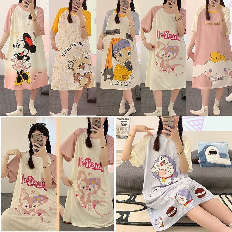 Đầm Ngủ Liền Thân Ngắn Tay Cổ Tròn Dáng Rộng Họa Tiết Hoạt Hình Dễ Thương Cho Nữ Lff0927