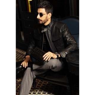 Áo khoác da nam, áo da thật Ftt Leather Racer Jacket túi hộp đắp vai màu đen da dê cao cấp mã AD306D