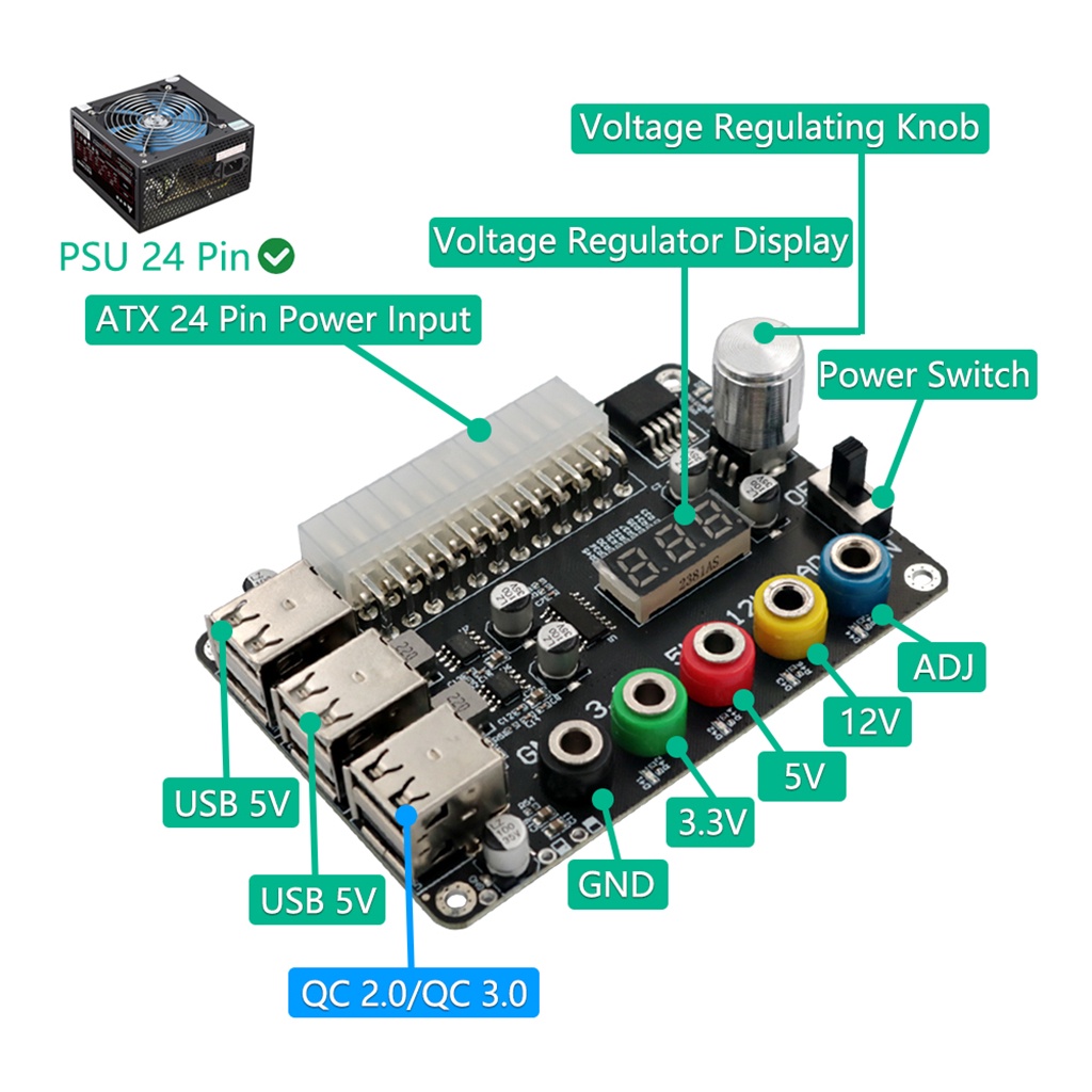 Jmt Bảng Mạch Cung Cấp Nguồn atx 24pin Với 6 Cổng usb 2.0 Hỗ Trợ qc 2.0 / qc 3.0