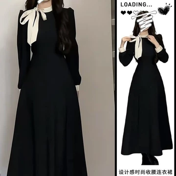 【Bess's house-bigsize】Đầm Dài Tay Màu Đen Thiết Kế Mỏng Xinh Xắn Thời Trang Theo Phong Cách Pháp，váy sang chảnh，váy dài，váy đen，váy babydoll dáng dài，váy bigsize nữ，váy kiểu pháp，váy suô