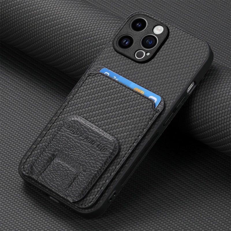 Ốp điện thoại ví da bằng sợi Carbon cho IPhone 16 15 14 13 12 11 Pro Max XSMAX Plus Giá đỡ gấp có nắp đựng thẻ