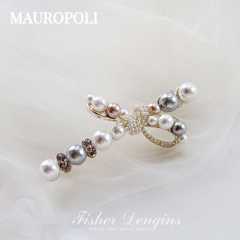 Mauropoli Kẹp tóc ngọc trai nơ đính đá phong cách Hàn Quốc, phụ kiện mùa xuân cho nữ