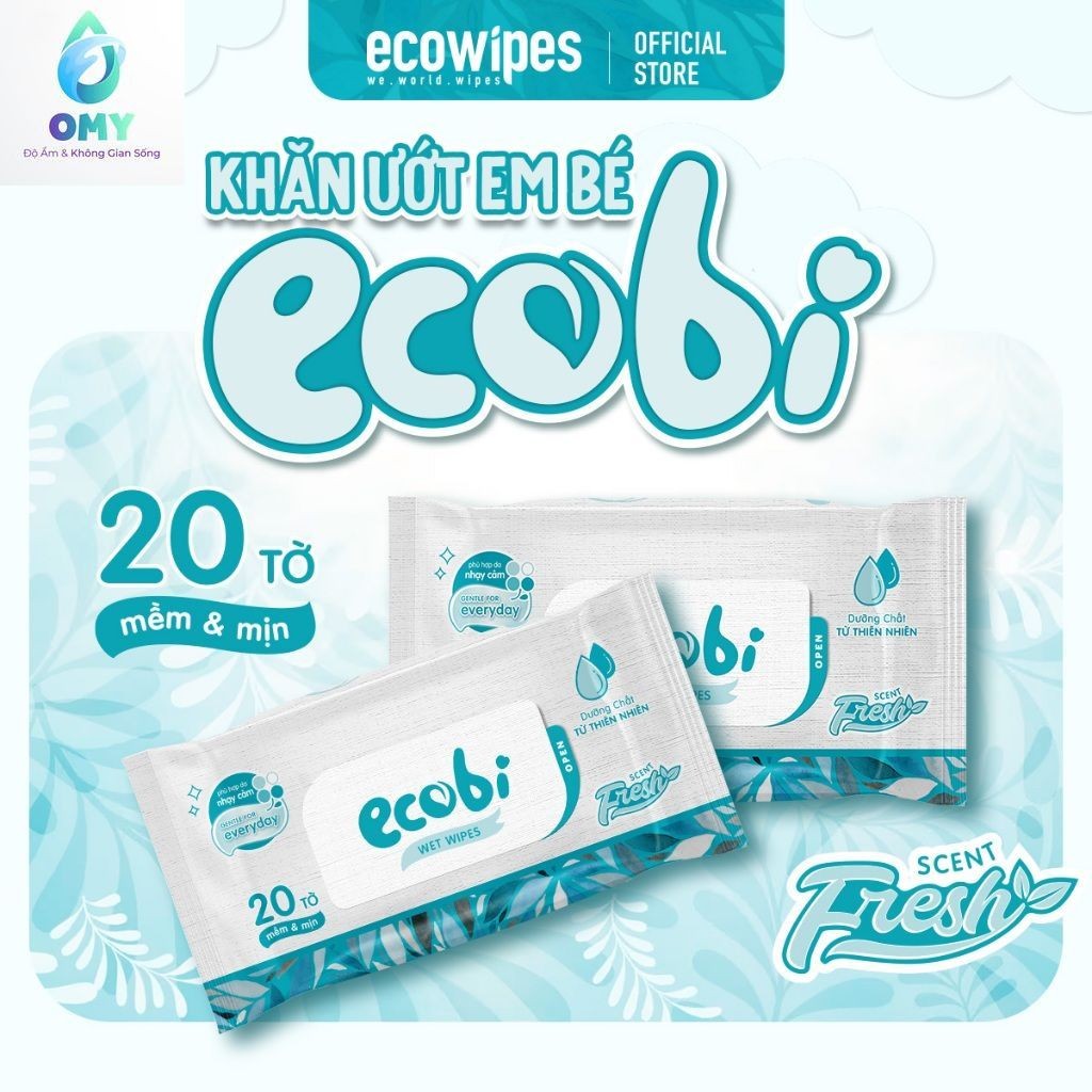 Khăn ướt cho bé Ecobi gói 20 tờ cao cấp không mùi không cồn không parabens