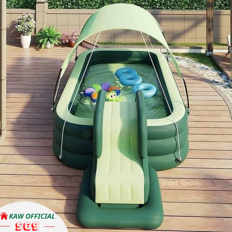 Bể Bơi Phao Cầu Trượt KAW 2M6, 3M Chống Trượt, Mái Che Nắng Cao Cấp Gấp Gọn, An Toàn