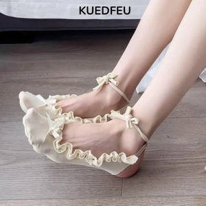 KUEDFEU Tất ngắn , Tất nơ mùa xuân mùa hè màu trơn, Tất Cotton ngọt ngào Y2K