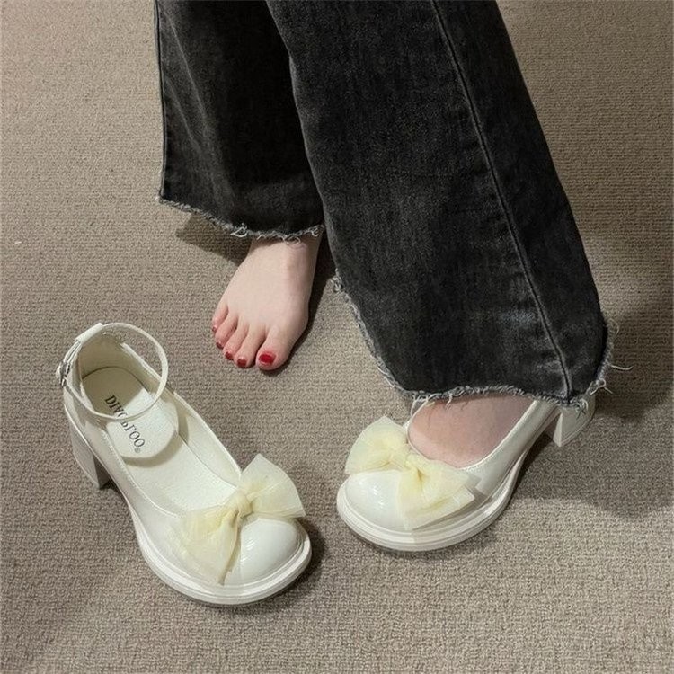 Giày cao gót một dây mũi tròn phong cách Anh, PU nơ, thời trang thanh lịch, giày lười tăng chiều cao chống trượt cho phụ nữ, giá bán buôn tại nhà máy