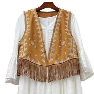 Vipdeal1 Áo Khoác cardigan Giả Da Lộn Không Tay Phối Tua Rua Phong Cách hippie 70s Thời Trang Cho Nữ
