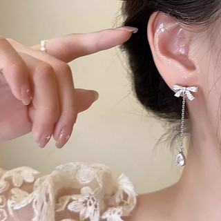 Bông Tai Dáng Dài Đính Nơ Phối Tua Rua Phong Cách Pháp Thời Trang Cao Cấp