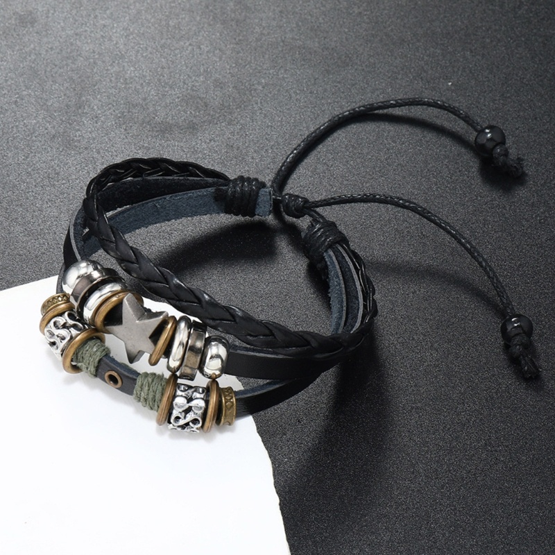Coo Punk Vòng tay da nhiều lớp ngôi sao đính hạt, dây đeo tay thời trang dệt, có thể điều chỉnh