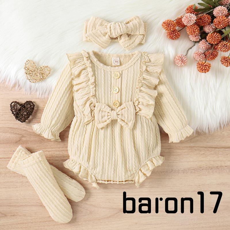 3 Bộ áo liền quần mùa thu cho bé gái Trang phục dài tay Nút áo liền quần xếp nếp phía trước + Tất + Bộ băng đô