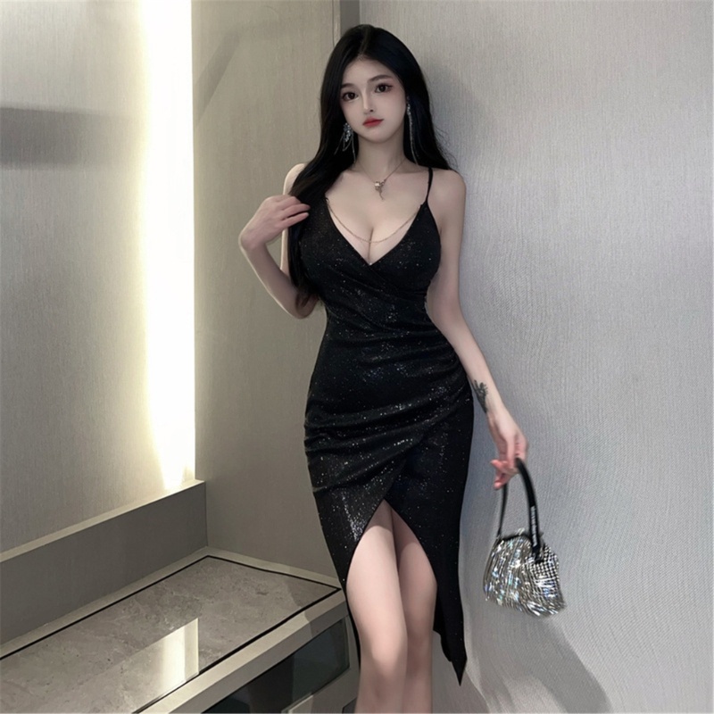 Yoioi Đầm maxi Hai Dây Dáng Dài Xẻ Tà Cổ Chữ v Đính Kim Sa Lấp Lánh Thời Trang Quyến Rũ Cho Nữ