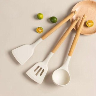 SWEETASHAHEARTS 3 Cái / bộ Thìa Turner Nấu Ăn, Chảo Chiên Bánh Chảo Dụng Cụ Nấu Ăn Thìa Silicon Xẻng, Dụng Cụ Nhà Bếp Màu Be Chống Dính Bền