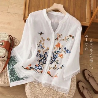 Chất Lượng Cao Retro Mỏng Thêu Áo Sơ Mi Nữ Mùa Hè Organza Giữa Tay Cổ Chữ V Tính Khí Hàng Đầu