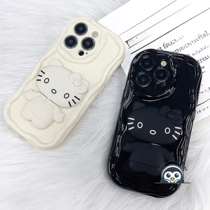 Ốp Điện Thoại Kitty Cat Cream Wave Cho Samsung Galaxy A23 A03 Core A03S A02 A02S M02 M02S F02S A72 A52 A52S A32 A12 M12 F12 A20S A30 A20 5G 4G Vỏ Có Giá Đỡ Vỏ Trắng Đen