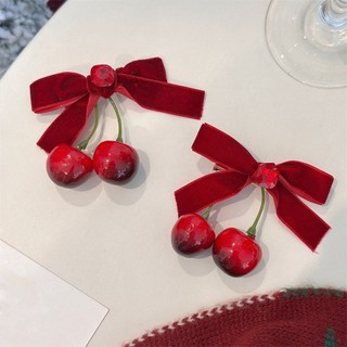 Mới Kẹp Tóc Vải Nhung Đính Nơ Họa Tiết cherry Thời Trang Mùa Đông