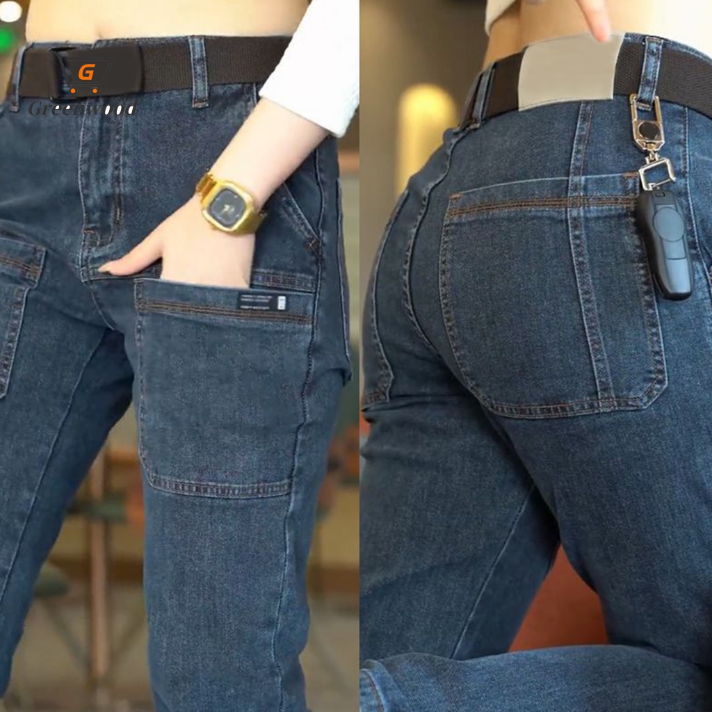 Gre Quần Jean denim Dài Đến Mắt Cá Chân Mềm Mại Thoáng Khí Phong Cách retro Hàn Quốc Có Nhiều Túi Dành Cho Nam