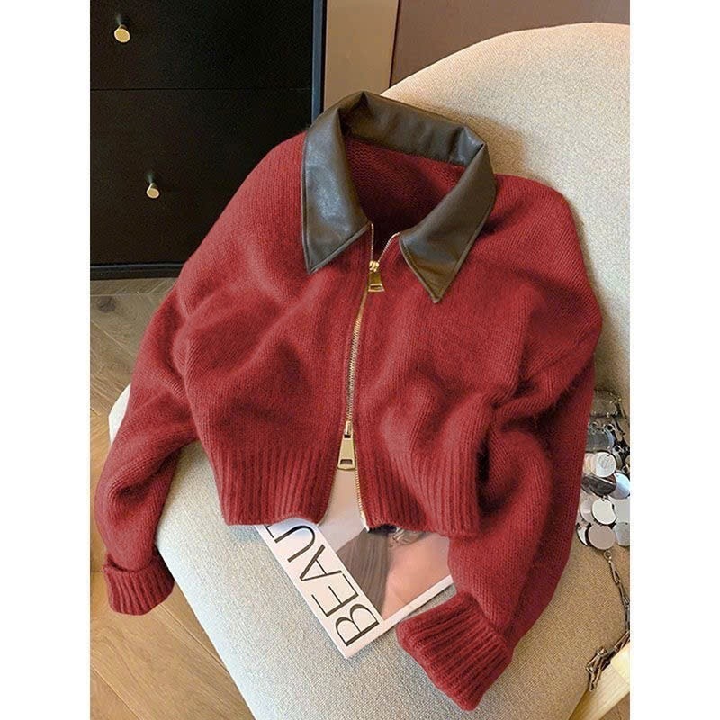 Áo khoác cardigan len dáng croptop thiết kế cách điệu khóa kéo 2 chiều phối cổ sơ mi MT33 SP252