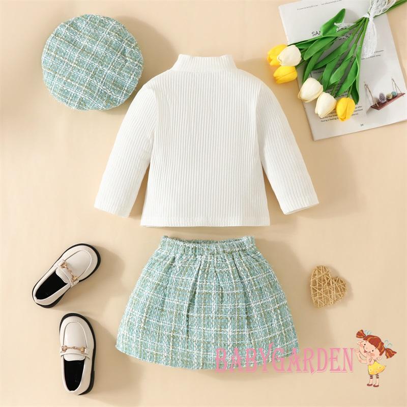 Baga-3 Bộ Trang Phục Mùa Thu Cho Bé Gái 6 Tháng-5 Tuổi Áo Dài Tay Sườn Màu Trơn + Váy Họa Tiết Tweed Kẻ Sọc + Mũ Nồi