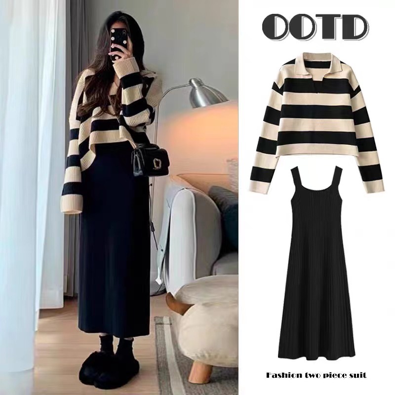 Set Đầm Hai Dây + Áo Thun Tay Dài Kẻ Sọc Thời Trang Thu Đông Cho Mẹ Bầu
