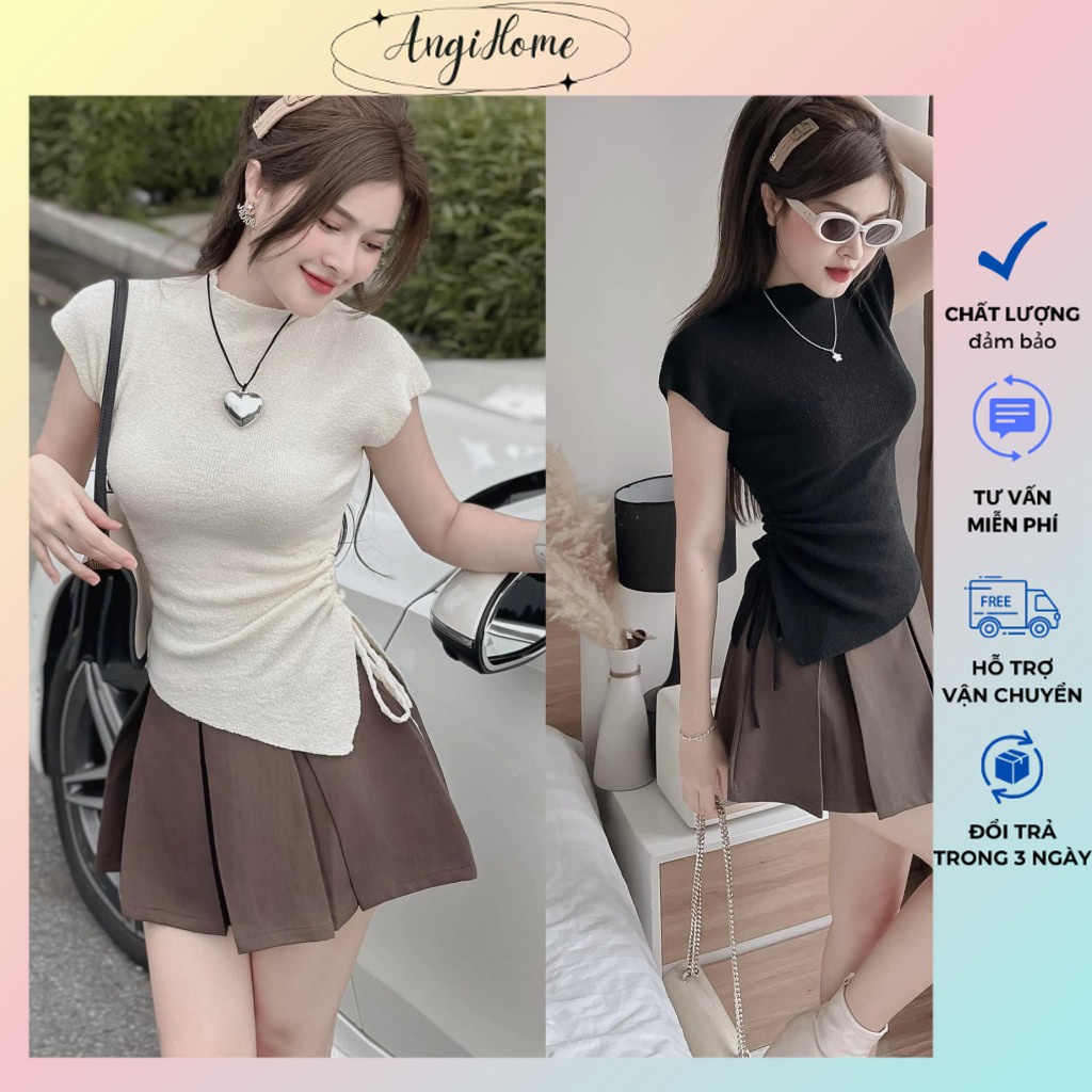 SET ÁO THUN LEN CỔ CAO TAY CỘC RÚT DÂY LỆCH TÀ + CHÂN VÁY XẾP LY 2 MÀU ANGIHOME