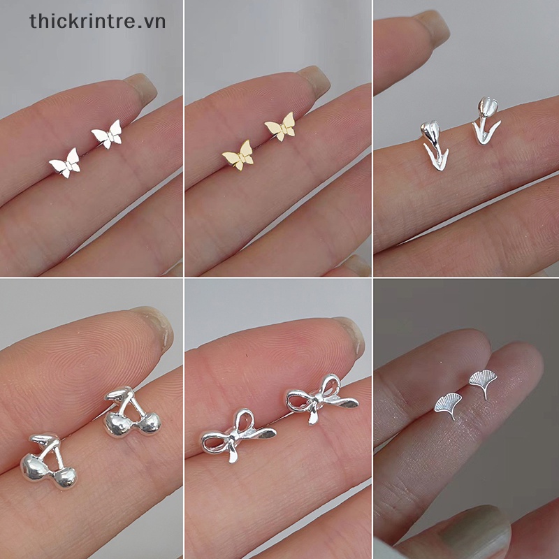 Bông Tai Bạc Tối Giản Nữ, Cặp Nhỏ Hình Anh Đào & Trái Tim Tình Yêu, Quà Tặng VN