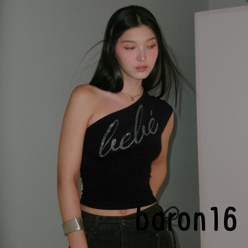 Risz Áo Croptop Sát Nách Hở Vai Dáng Ôm In Chữ Đính Đá Thời Trang Mùa Hè Cho Nữ