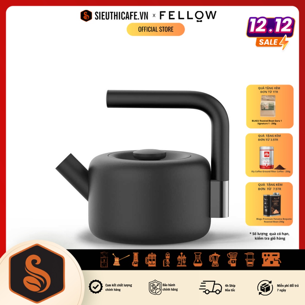 Ấm pha trà và cà phê Fellow Clyde Stovetop Tea Kettle 1.7L Đen