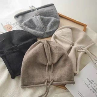 Mũ Len Dây Rút Màu Trơn Bảo Vệ Tai Có Thể Điều Chỉnh Giữ Ấm Mùa Thu Đông Đường Phố Cho Nam Và Nữ - Mũ Len Dây Rút