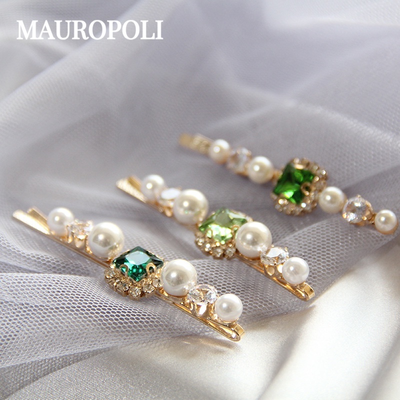 MAUROPOLI [Sẵn Sàng] Cung Điện Tính Khí Retro Ngọc Trai Xanh Kim Cương Giả Kẹp Phẳng Nổ Kẹp Tóc Bên Kim Loại Phụ Kiện Tóc Pha Lê