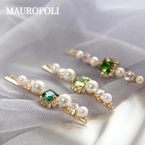 MAUROPOLI [Sẵn Sàng] Cung Điện Tính Khí Retro Ngọc Trai Xanh Kim Cương Giả Kẹp Phẳng Nổ Kẹp Tóc Bên Kim Loại Phụ Kiện Tóc Pha Lê