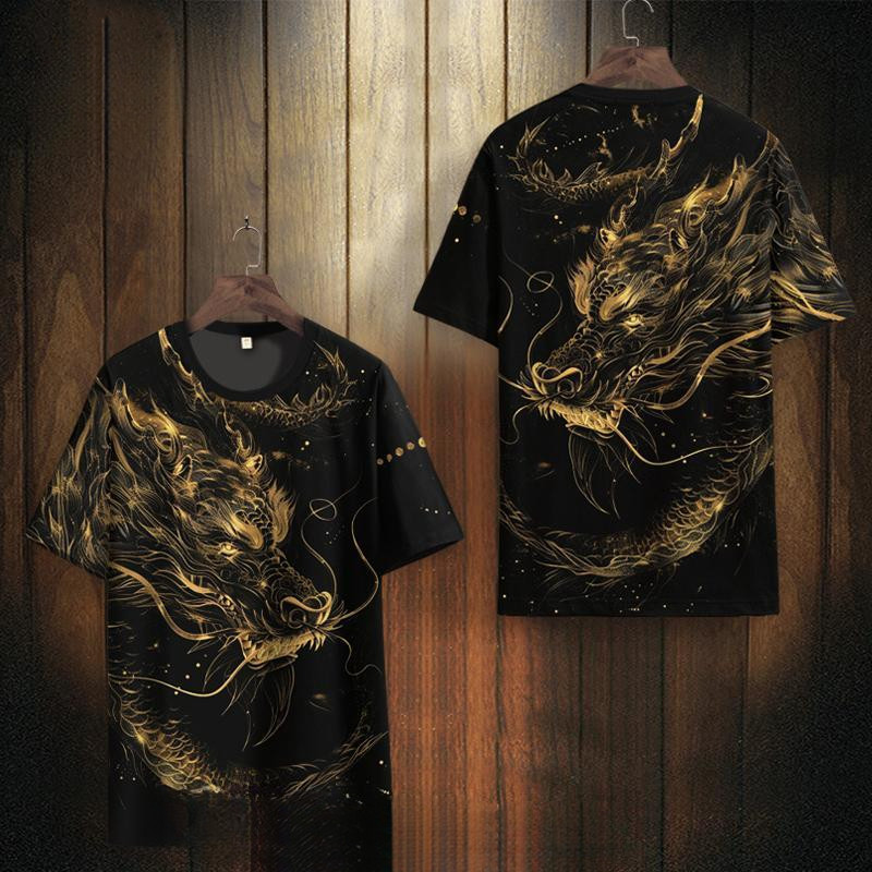 Áo thun ngắn tay in hình rồng phong cách Trung Quốc cho nam, oversized, thoáng khí, cổ tròn, tay ngắn mùa hè