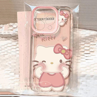 Ins Hàn Quốc Vỏ cặp đôi trong suốt hình mèo Kitty màu hồng dễ thương + Giá đỡ Tương thích cho iPhone 11 15 14 13 12 Pro Xs Max XR X 7 8 6 6s Plus SE Vỏ bảo vệ điện thoại hoạt hình TPU mềm