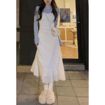 【Bess's house】áo sơ mi kiểu+đầm hai dây，áo xinh+đầm dài，áo xanh dương，chân váy，Váy Nữ，Đầm Hai Dây，Set Đầm Hai Dây Dáng Dài Thời Trang Thu Đông 2022 Mới Cho Nữ，bộ đồ，set đồ，đồ bộ，đồ set nữ， đ