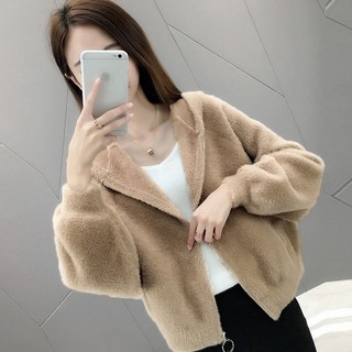 Áo Khoác cardigan Len Lông Cừu Nhân Tạo Ngắn Dáng Rộng Phong Cách Hàn Quốc Thời Trang Thu Đông 2023 Mới