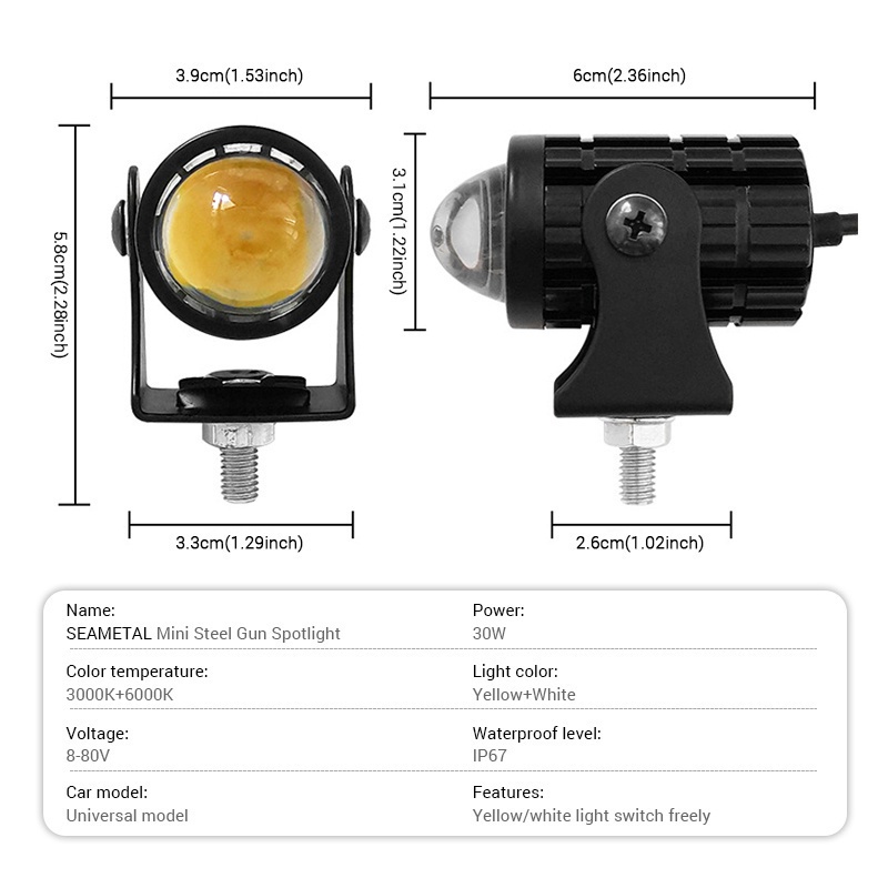 Seametal Đèn Pha led 30w Hai Màu Chống Nước 12v-80v 6000k Cho Xe Mô Tô