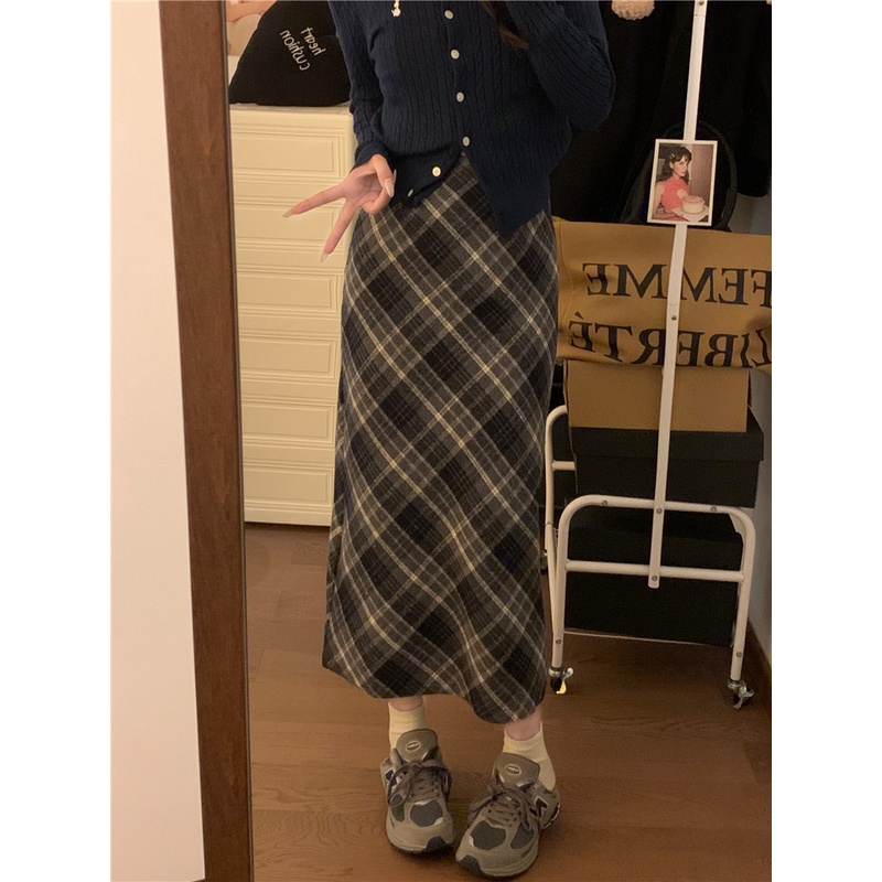 Suxi Vintage Họa Tiết Kẻ Sọc Phong Cách Hàn Quốc Thu Đông Đa Năng Cao Cấp Váy Chữ A Nữ
