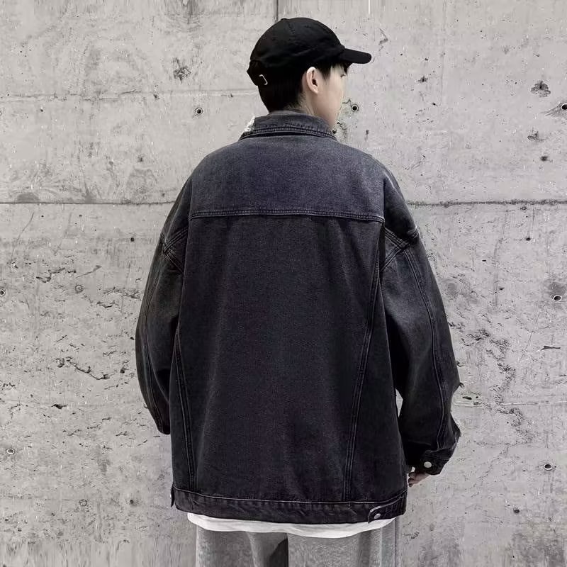 ThaliaWisp Áo Khoác Nam Thu Đông Mỹ Retro Cao Cấp Đường Phố Phá Hủy Phong Cách Niche Lỗ Thiết Kế Rời Áo Khoác Denim Thường Ngày