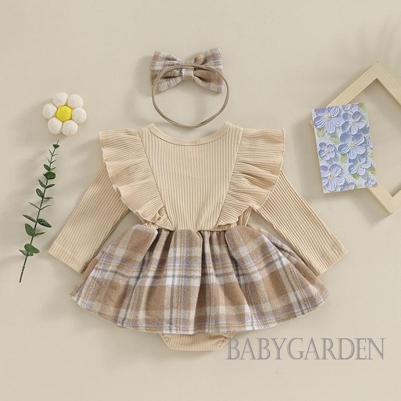 Bộ Áo Liền Quần Tay Dài Phối Bèo Họa Tiết Kẻ Sọc + Băng Đô Cài Tóc Xinh Xắn Cho Bé Gái