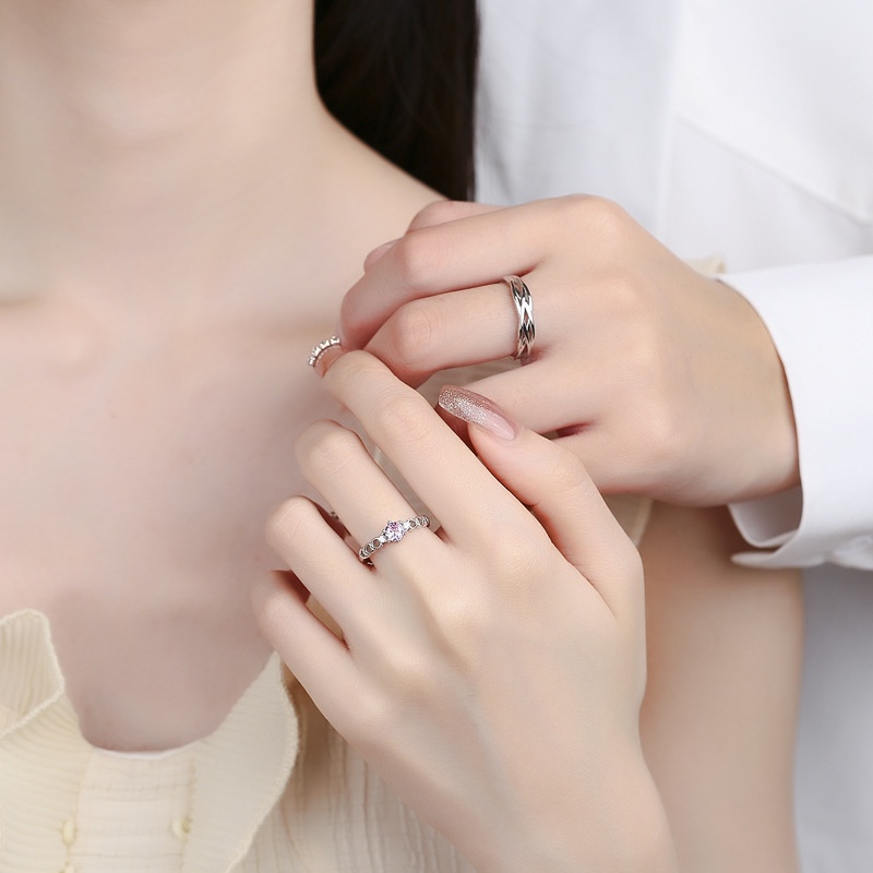 S925 Bạc Cuộn Dây Hồng Kim Cương Cặp Đôi Nhẫn Đơn Giản Mở Đầu Có Thể Điều Chỉnh Nam Nữ Nhẫn Cặp Đôi Quà Tặng Ngày Lễ Tình Nhân