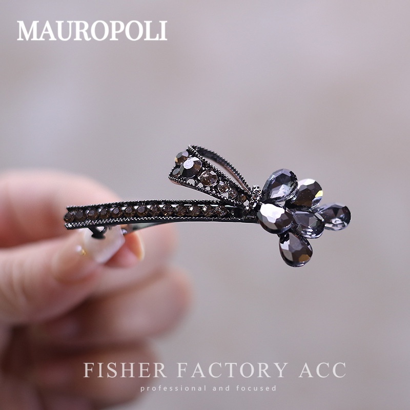Mauropoli [Hàng có sẵn] Kẹp lò xo nơ kim cương giả màu đen Yao OL Đầu lưng cao cấp Kẹp tóc nửa mảnh Kẹp bên hông