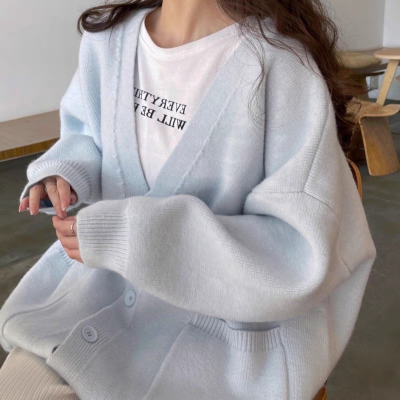 Áo Khoác cardigan Dệt Kim Dáng Rộng Cổ Chữ v Thời Trang Thu Đông Hàn Quốc Mới áo sweater áo len nữ
