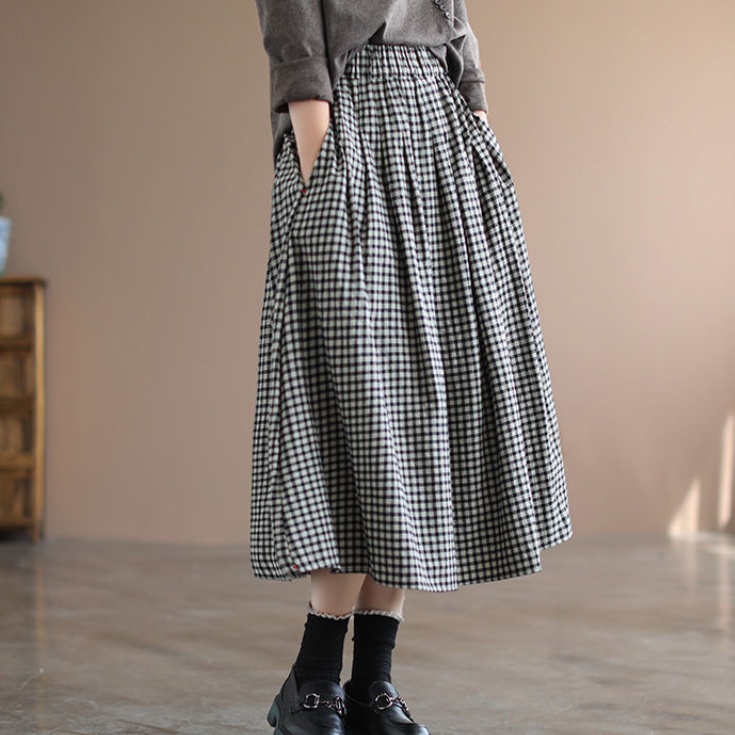 Plus Size Váy Nữ Mới Retro Túi Chữ A Co Giãn Eo Kẻ Sọc