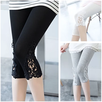 Quần legging ren cho nữ Quần crop co giãn mỏng mùa hè, Quần legging đa năng Slim Fit, Quần legging màu đen Quần legging màu trơn