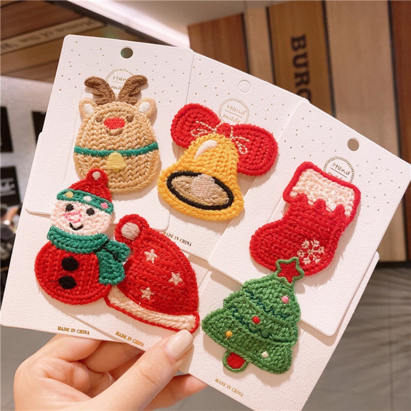 Kẹp Tóc Đan Len Hình Ông Già Noel / Người Tuyết / Tuần Lộc Giáng Sinh / Năm Mới Cho Bé Gái