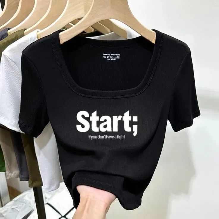 Áo Thun Tay Ngắn Cổ Vuông Hở Xương Quai Xanh Ngọt Ngào Phong Cách Mới Cho Nữ
