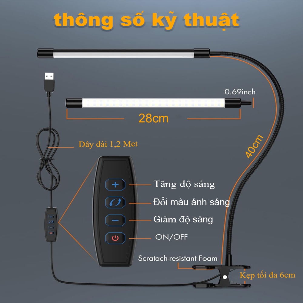 Đèn Kẹp LED Kim loại 3 chế độ ánh sáng 5W, Nguồn USB 5V, Thân đèn Kim ...